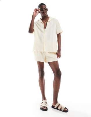 Aray textured camp collar short sleeve beach shirt in cream