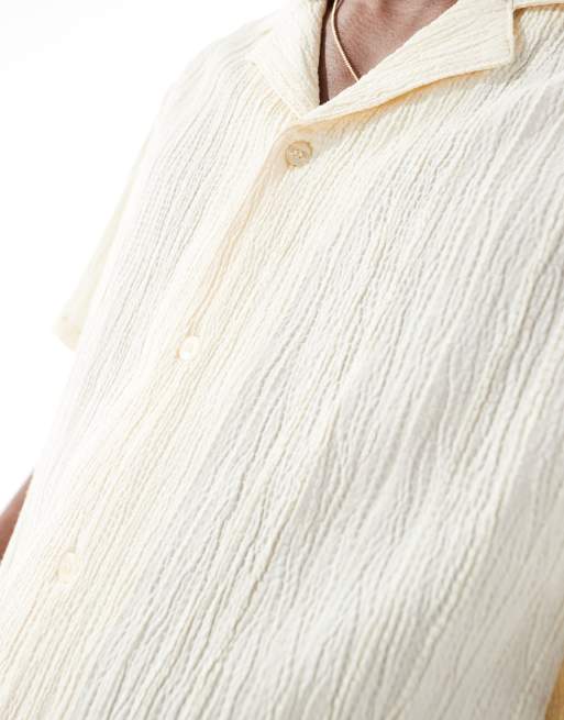 Aray textured camp collar short sleeve beach shirt in cream