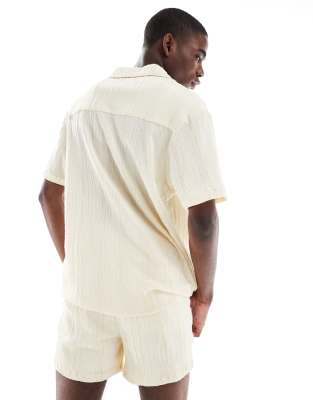 Aray textured camp collar short sleeve beach shirt in cream