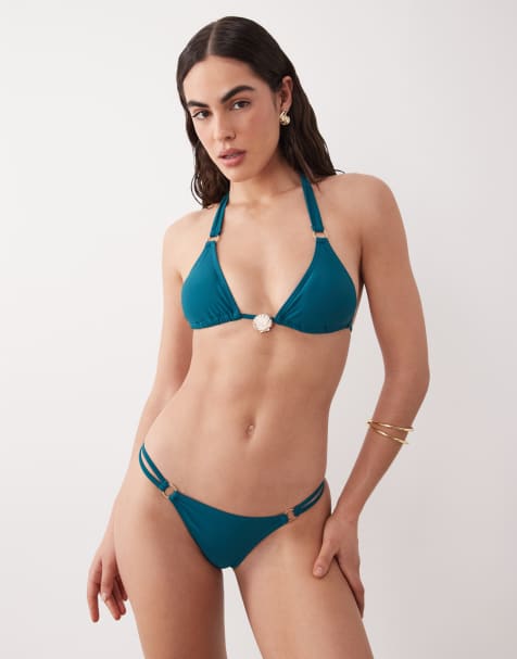 Aray textured triangle bikini set with hardware detail in teal - view 1