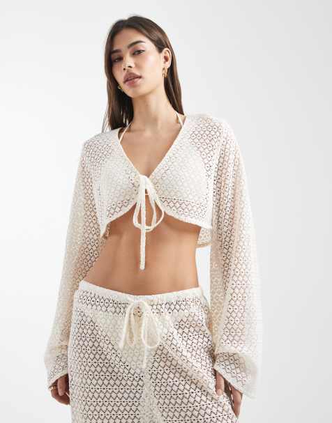 Aray tie-front crochet beach top in white - view 1