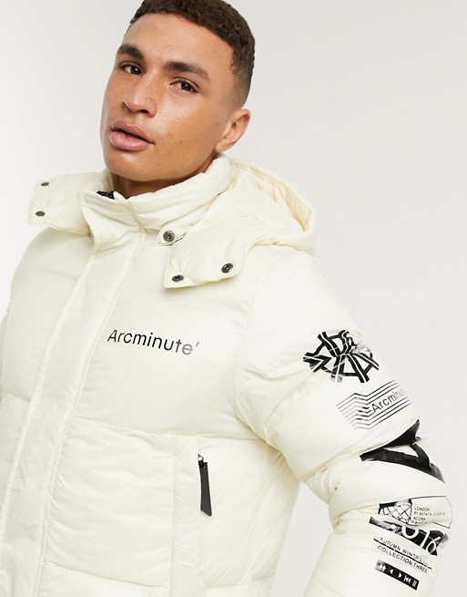 Arcminute printed puffer jacket in off white