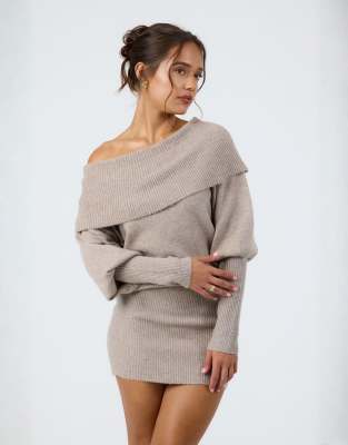 Aria Cove asymmetric deep off the shoulder balloon sleeve knit mini sweater dress in oat-Neutral