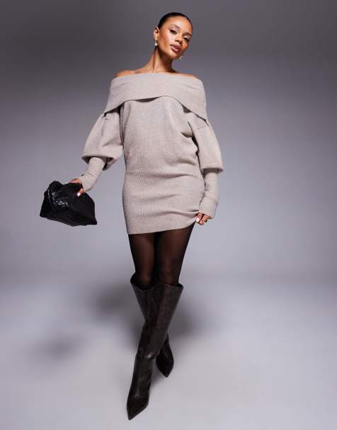 Aria Cove asymmetric deep off the shoulder balloon sleeve knit mini sweater dress in oat - view 1