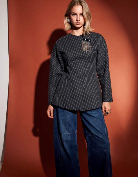 Aria Cove asymmetric wrap detail cocoon sleeve blazer in charcoal pinstripe - view 1
