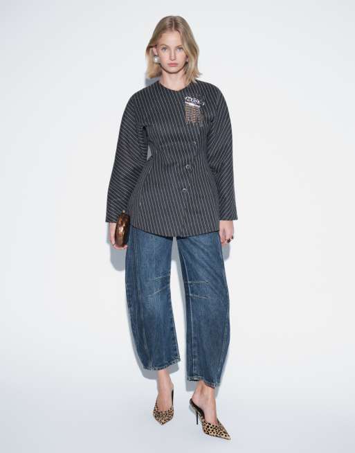 Aria Cove asymmetric wrap detail cocoon sleeve blazer in charcoal pinstripe, 2 of 4