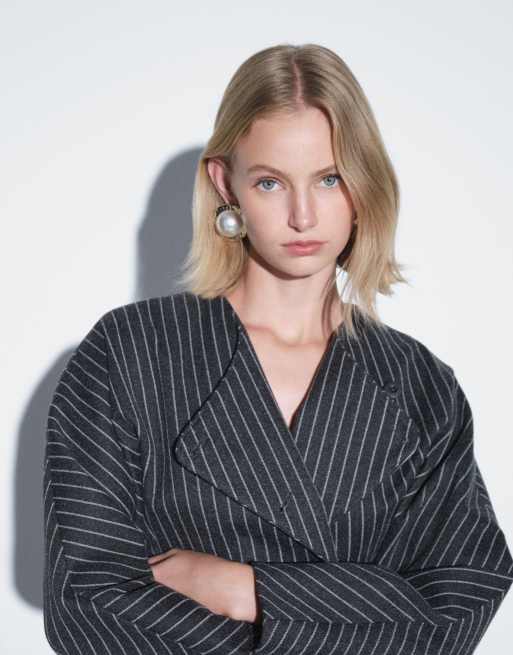 Aria Cove asymmetric wrap detail cocoon sleeve blazer in charcoal pinstripe, 3 of 4