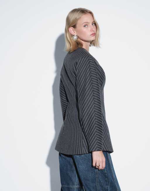 Aria Cove asymmetric wrap detail cocoon sleeve blazer in charcoal pinstripe, 4 of 4
