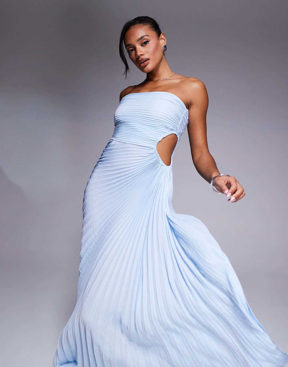 Aria Cove bandeau open side pleated maxi dress in baby blue