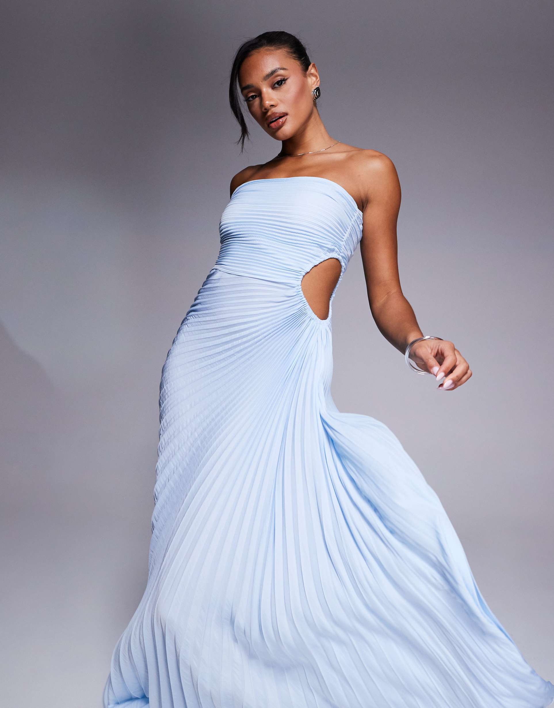 aria cove bandeau open side pleated maxi dress in baby blue