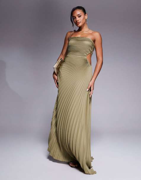 Aria Cove bandeau open side pleated maxi dress in olive - view 1