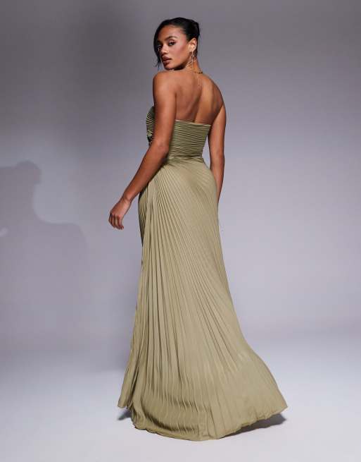 Aria Cove bandeau open side pleated maxi dress in olive, 2 of 4