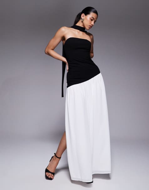 Aria Cove bandeau scarf detail asymmetric contrast skirt maxi dress in mono