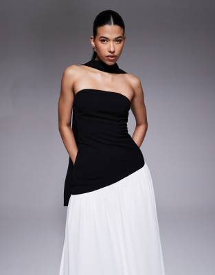 Aria Cove Bandeau Scarf Detail Asymmetric Contrast Skirt Maxi Dress In Brown