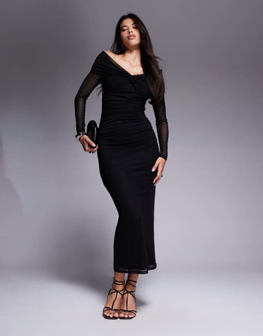 Aria Cove - Bardot mesh maxi-jurk met gedraaide voorkant in zwart