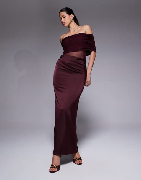 Aria Cove bardot sheer panel drape detail fishtail satin maxi dress in plum - view 1