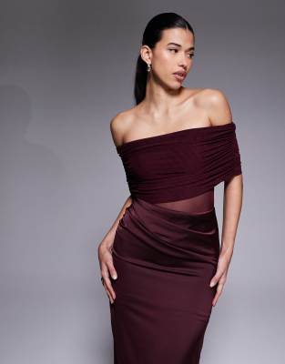 Aria Cove Bardot Sheer Panel Drape Detail Fishtail Satin Maxi Dress In Burgundy