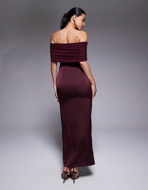 Aria Cove bardot sheer panel drape detail fishtail satin maxi dress in plum, 3 of 4