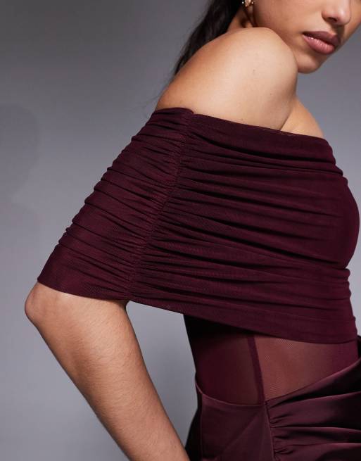Aria Cove bardot sheer panel drape detail fishtail satin maxi dress in plum, 4 of 4