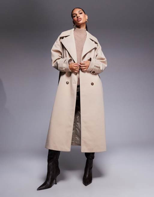 Aria Cove - Beige maxi-trenchcoat med krave i kraftigt stof med uldlook
