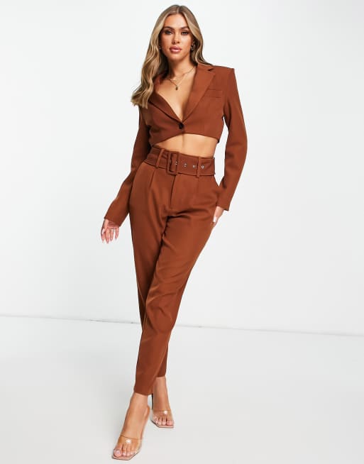 Aria Cove belted slouch suit pant in brown - part of a set