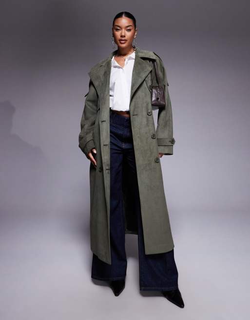 Aria Cove belted suede trench maxi coat in khaki