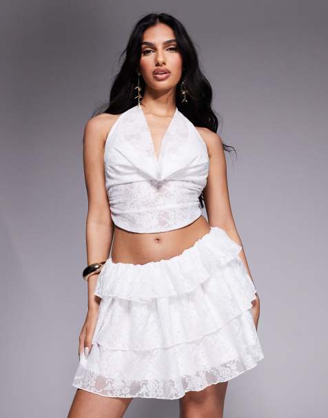 Aria Cove lace deep cowl halterneck open back beach top co-ord in white