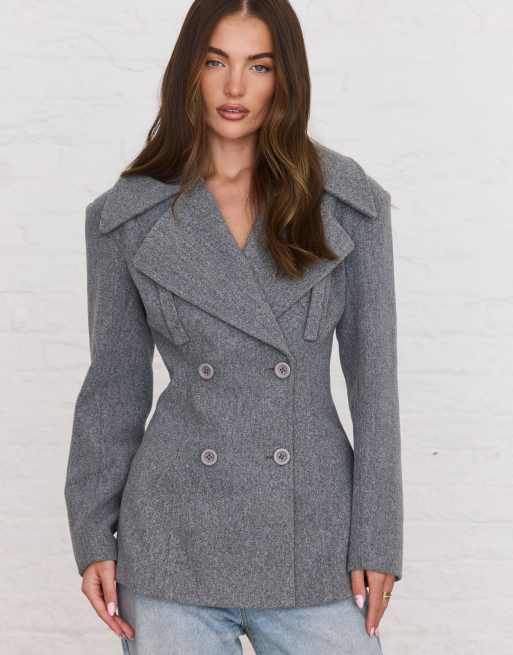 Aria Cove Blazer in Wolloptik mit Oversize-Revers und doppelter Knopfleiste in Grau, 3 von 4
