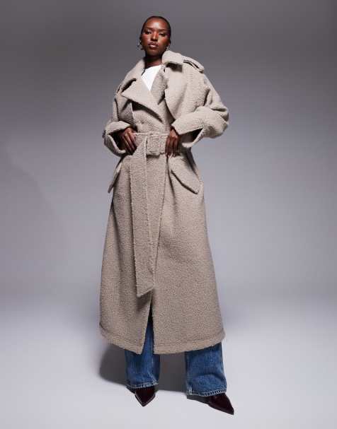 Aria Cove boucle oversized collar detail belted longline trench coat in mocha - view 1