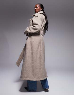 Aria Cove Boucle Oversized Collar Detail Belted Longline Trench Coat In Brown