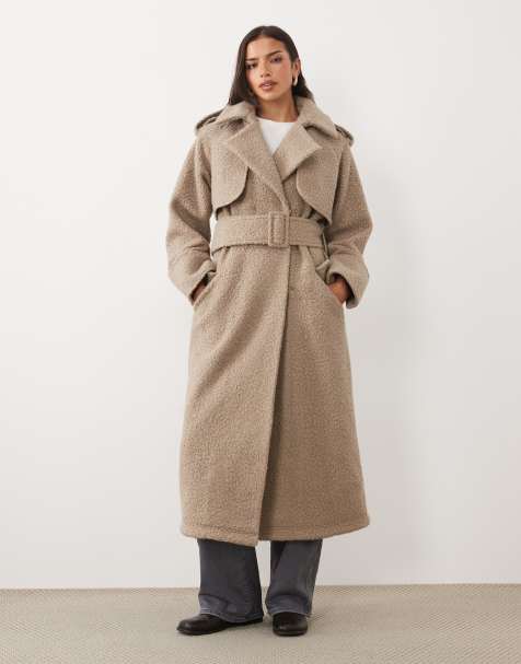 Aria Cove boucle oversized collar detail belted longline trench coat in mocha - view 1