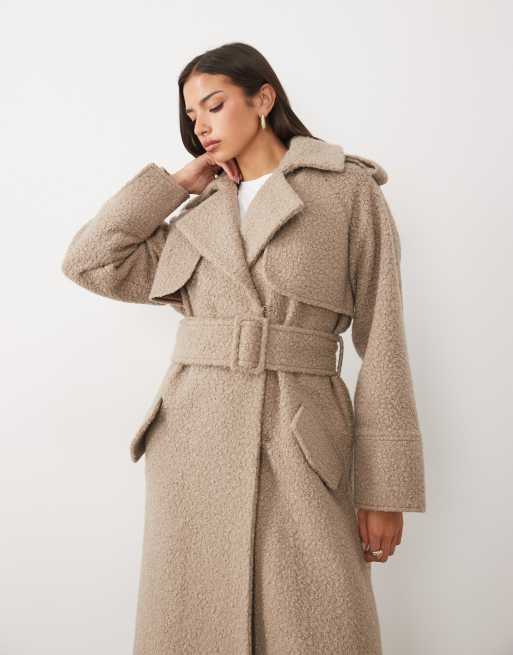 Aria Cove boucle oversized collar detail belted longline trench coat in mocha, 2 of 4