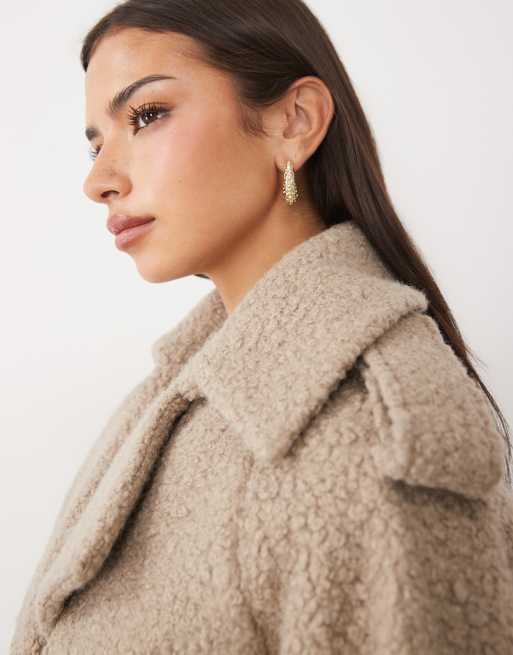 Aria Cove boucle oversized collar detail belted longline trench coat in mocha, 3 of 4