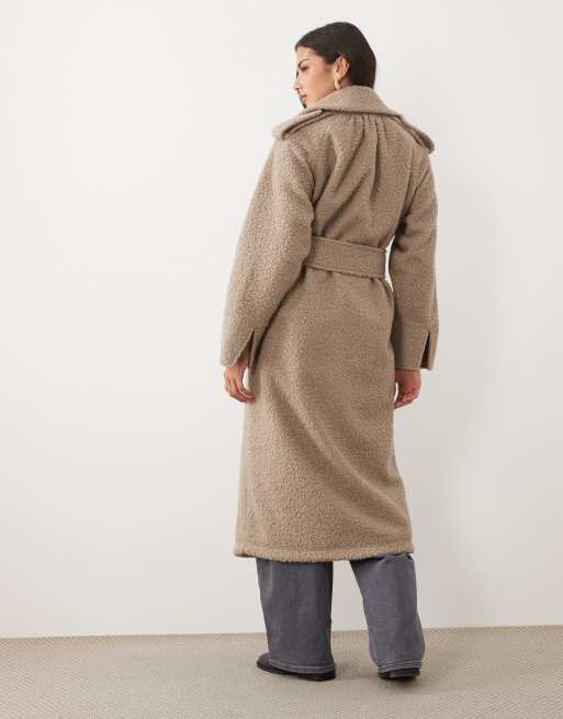 Aria Cove boucle oversized collar detail belted longline trench coat in mocha, 4 of 4