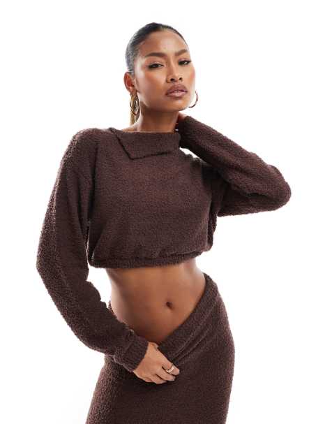 Aria Cove boucle slash neck cropped jumper co-ord in chocolate - view 1