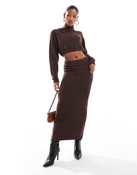 Aria Cove boucle slash neck cropped sweater and skirt set in chocolate - view 1