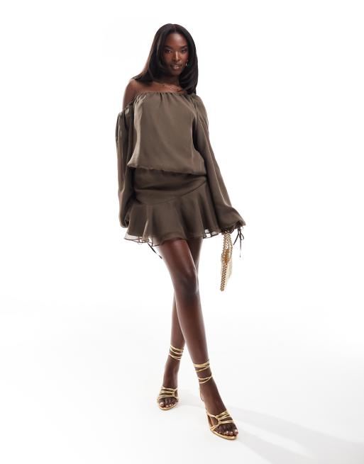 Aria Cove - Brun minikjole med vide ærmer og flæsekant i chiffon, 4 af 4