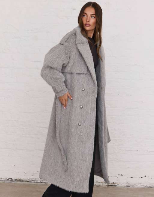 Aria Cove brushed wool look oversized collar belted trench maxi coat in light gray, 2 of 4