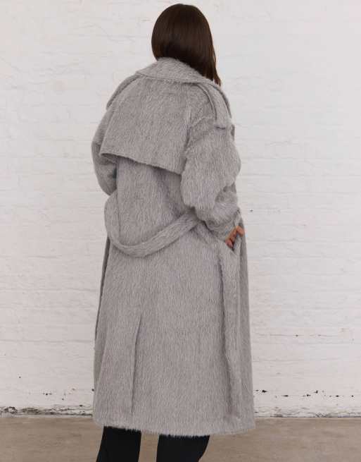 Aria Cove brushed wool look oversized collar belted trench maxi coat in light gray, 4 of 4