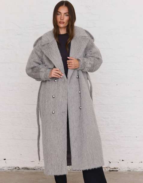 Aria Cove brushed wool look oversized collar belted trench maxi coat in light grey - view 1
