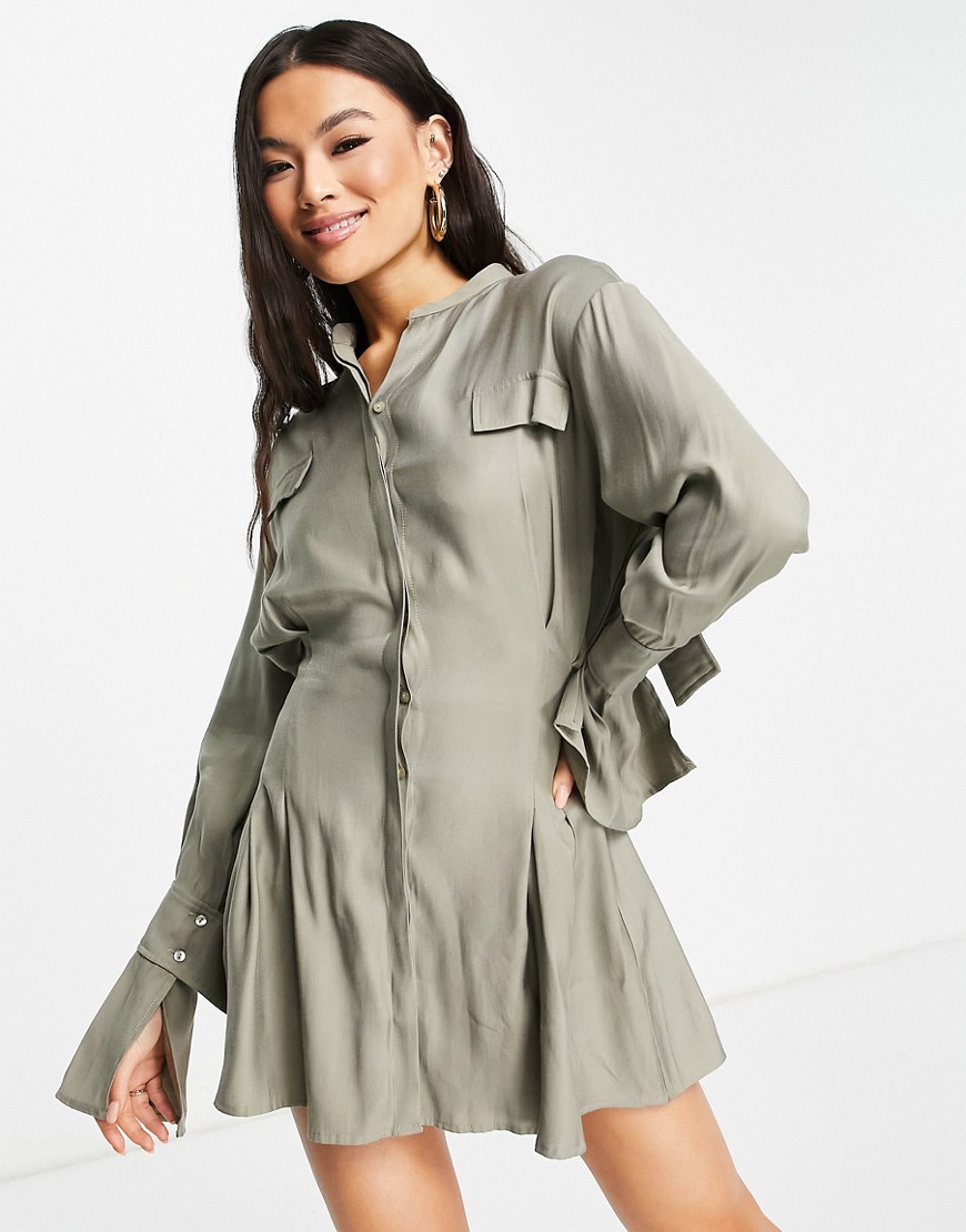 Aria Cove button detail cinched waist mini shirt dress in olive-Green