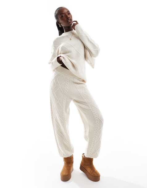 Aria Cove cable knit cuff detail sweatpants in cream - part of a set - view 1