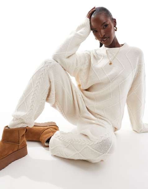 Aria Cove cable knit jumper and cuffed joggers co-ord in cream - view 1