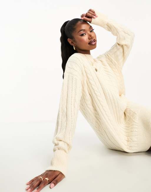 Aria Cove cable knit longline jumper with wide sleeves in cream