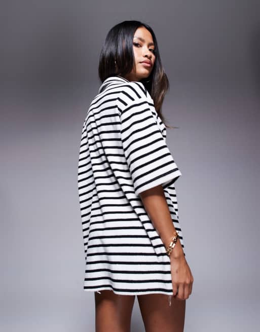 Aria Cove - Camicia da mare oversize in spugna a righe bianche e nere, 4 di 4