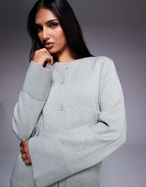 Aria Cove - Cardigan grigio chiaro mélange con polsini ampi a coste, 2 di 4