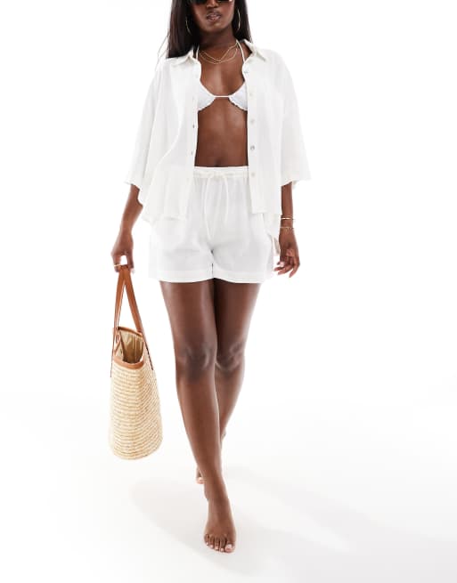 Aria Cove - Chemise d'ensemble de plage en lin mélangé - Blanc, 4 de 4