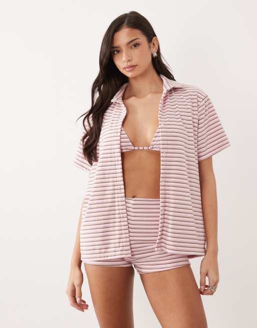 Aria Cove - Chemise d'ensemble de plage oversize en tissu éponge à rayures - Rose, 2 de 5