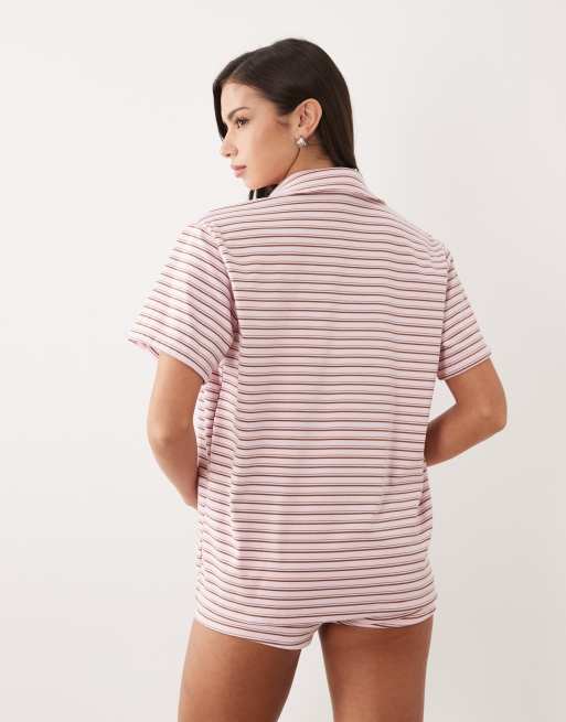 Aria Cove - Chemise d'ensemble de plage oversize en tissu éponge à rayures - Rose, 5 de 5