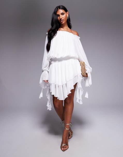 Aria Cove chiffon bardot drape detail tiered hem mini dress in white - view 1